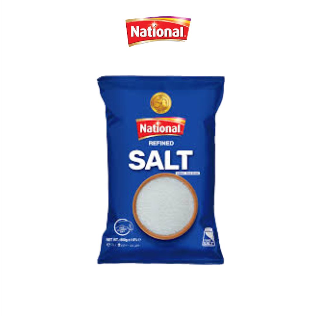 Blue bag of National refined salt on a white background