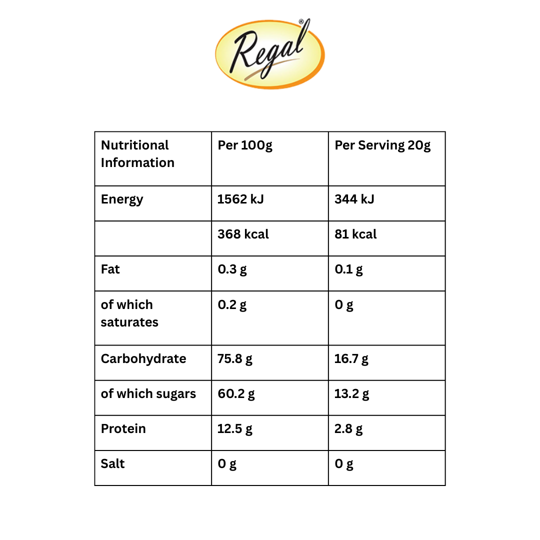 Nutritional information table for a product with Regal branding on a white background