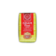 Bag of gram flour with red and yellow packaging on a white background