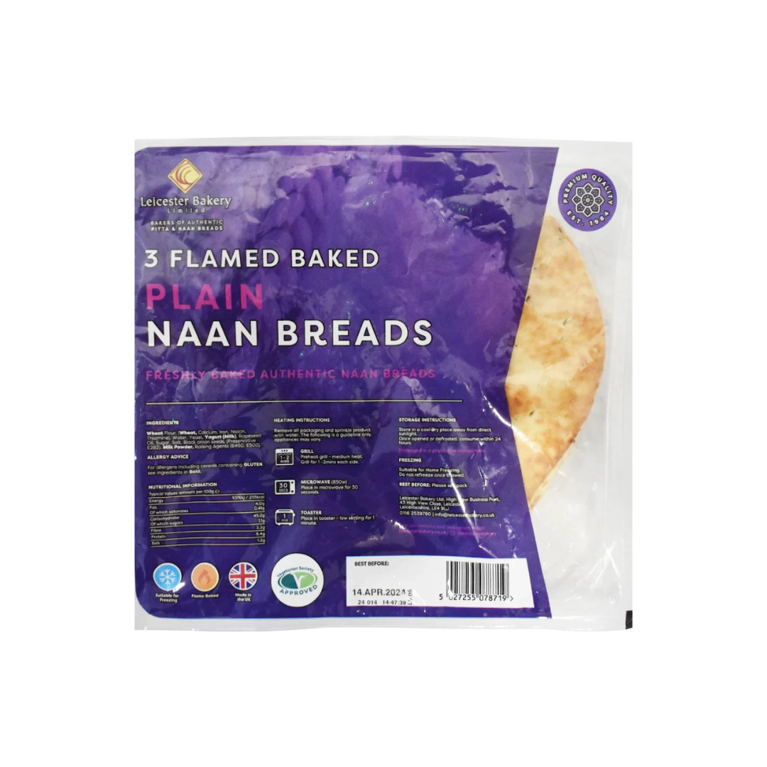 Leicester Bakery 3 Flame Baked Plain Naan Breads