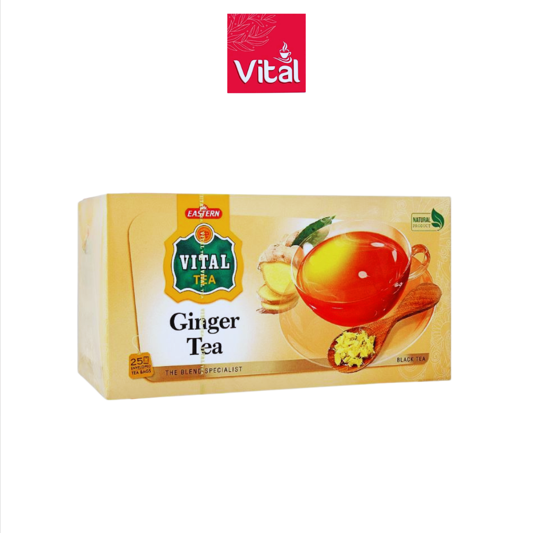 Box of Vital Ginger Tea with a cup of tea and ginger root on the label.
