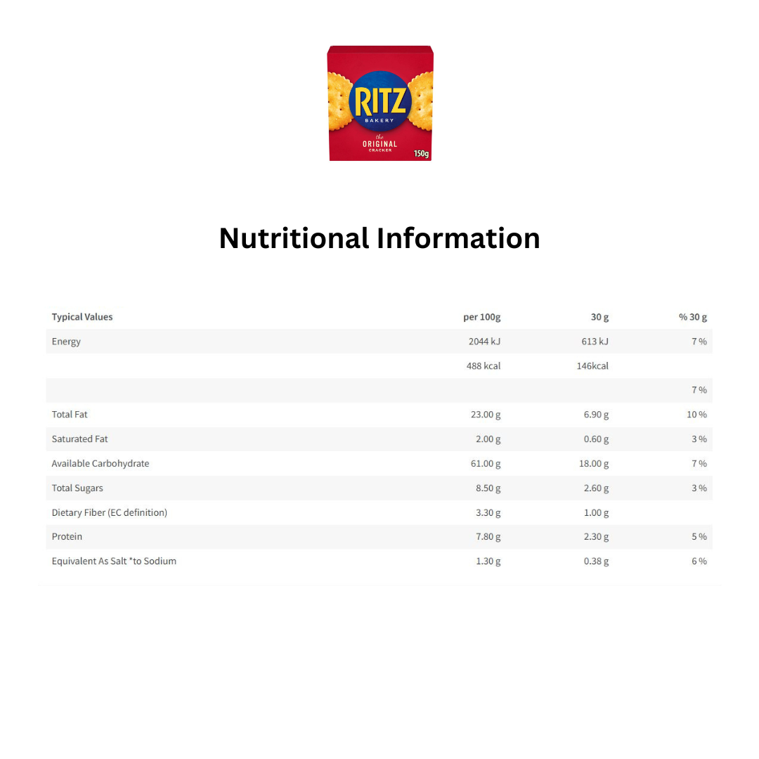 Nutrition Information Ritz Ritz Original Crackers – 150g – Watan Superstore