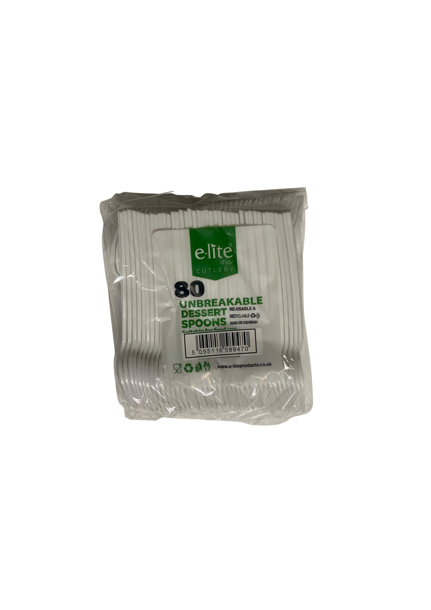 Pack of elite unbreakable dessert spoons on a white background